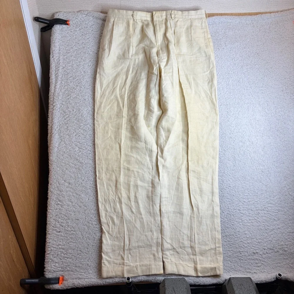 Polo Ralph Lauren Mens 100% Linen Pleated Pants Cream Beige 36x34 *STAINS